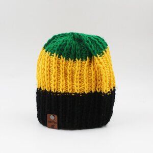 Handmade Hand Knit Cropped Raindrops Ribbed Knit Jamaica Themed Beanie Hat